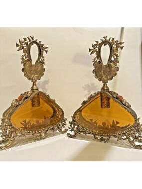 Gold filigree 2 perfume bottle Guild crest 24k Triangle Shape ANTIQUE